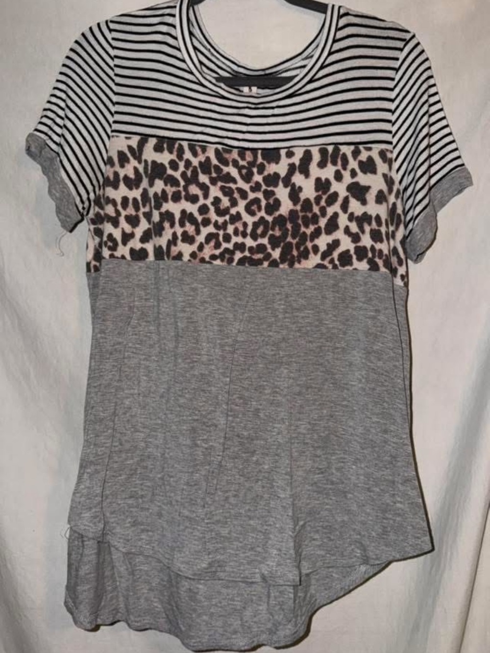 Red Camel Gray Striped & Leopard Panel Short Sleeve Top
